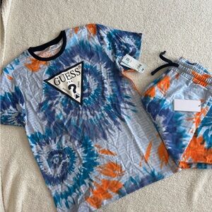 GUESS Blue & Orange Tie-Dye Logo Tee and Shorts Set